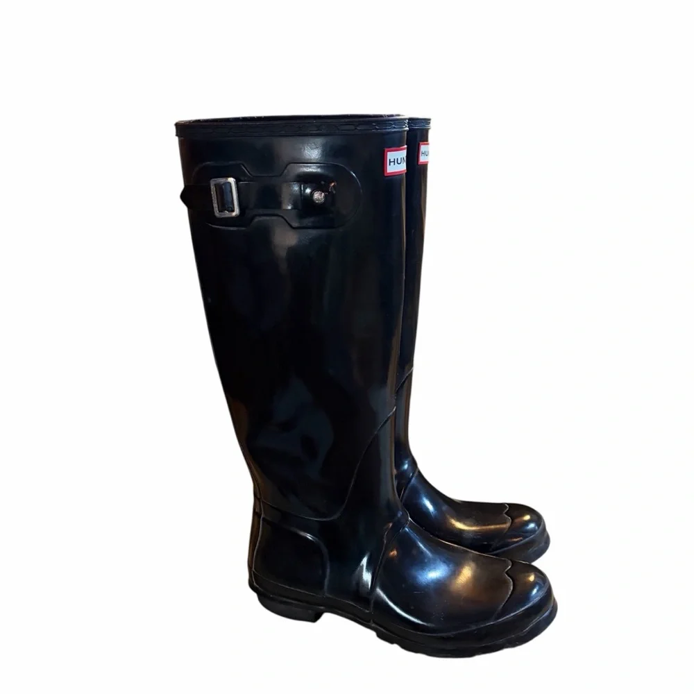 Hunter Glossy Black Rain Boots Knee High Sz 9 EUC